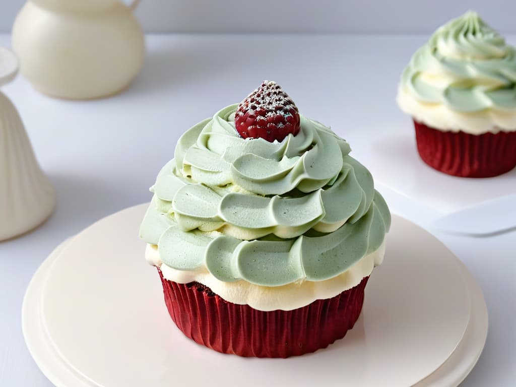  A closeup, ultradetailed image of a perfectly frosted cupcake topped with a single ripe raspberry, set against a clean, white background. The frosting is meticulously piped, showcasing intricate swirls and delicate ridges, while the raspberry glistens with freshness, its tiny seeds visible. The contrast between the vibrant red of the berry and the pastel hue of the frosting is striking, highlighting the beauty of this guiltfree treat for diabetics. hyperrealistic, full body, detailed clothing, highly detailed, cinematic lighting, stunningly beautiful, intricate, sharp focus, f/1. 8, 85mm, (centered image composition), (professionally color graded), ((bright soft diffused light)), volumetric fog, trending on instagram, trending on tumblr, HDR 4K, 8K