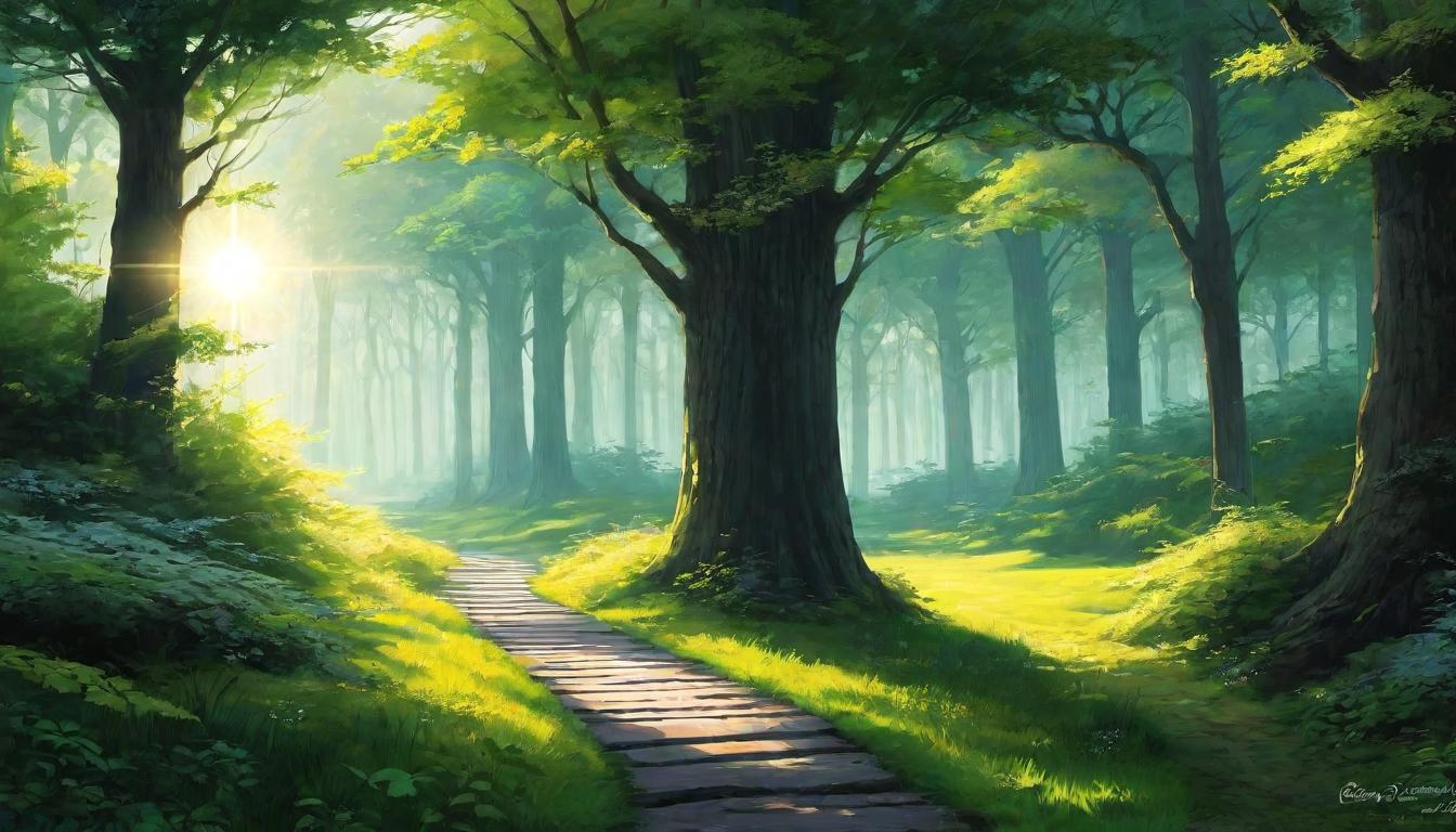  digital illustration A pathway flanked by towering trees, each emanating a soft glow, converging towards a radiant, welcoming light at the end, invitation, journey, crossing thresholds, ethereal beauty, moment of decision looking at viewer, dynamic pose, (intricate details, masterpiece, best quality)