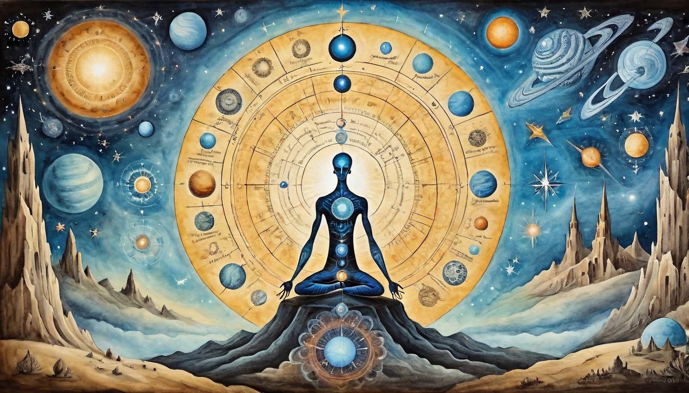  on parchment, surrealism+++, Soul tuning, figure attuned to the universe, frequencies visually resonating, cosmic harmony, interconnectedness(mysterious, provocative, symbolic,muted color)+++