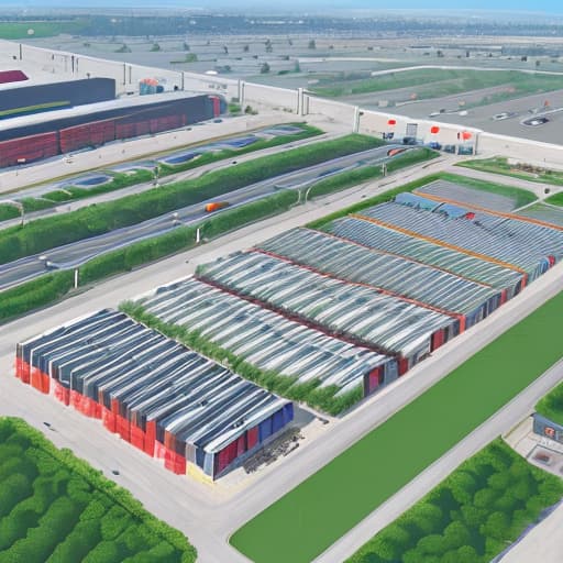  Generate a top view of a logistics park site, logistics park neps 250 meters *65mi, horizontal display, surrounded by vehicle parking platforms, platforms have about 130 parking spaces, the interior of the site is each flow of goods storage area, storage area has about 200, each inventory goods stacked differently, office area in the corner, personnel loading and unloading personnel, forklift personnel, stacking personnel.