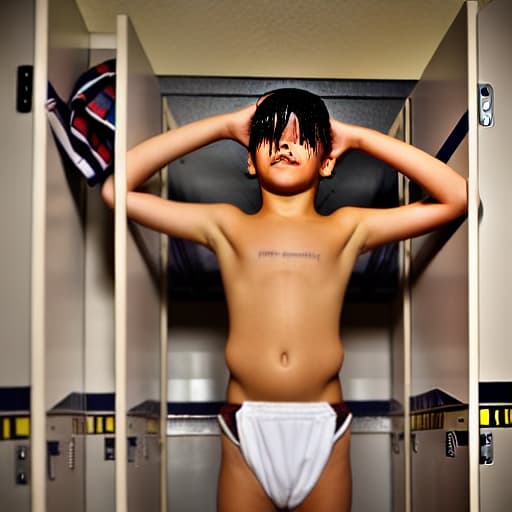  a young soccer player undressed in the boy's locker room after the game, under the shower