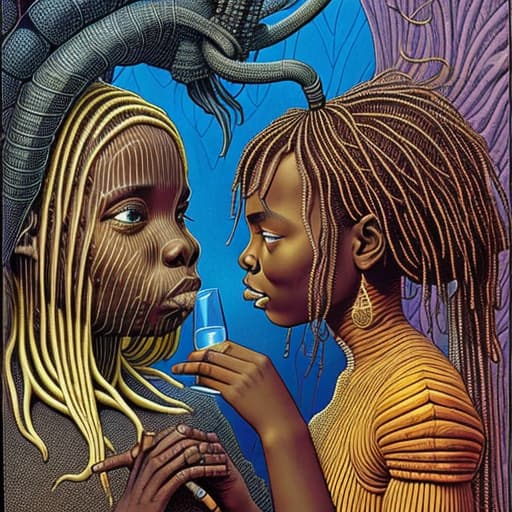  Alice and a African girl kissing at a wild drinking party, stable diffusion, absolute reality v1.6, in the style of jacek yerka and moebius and hr giger