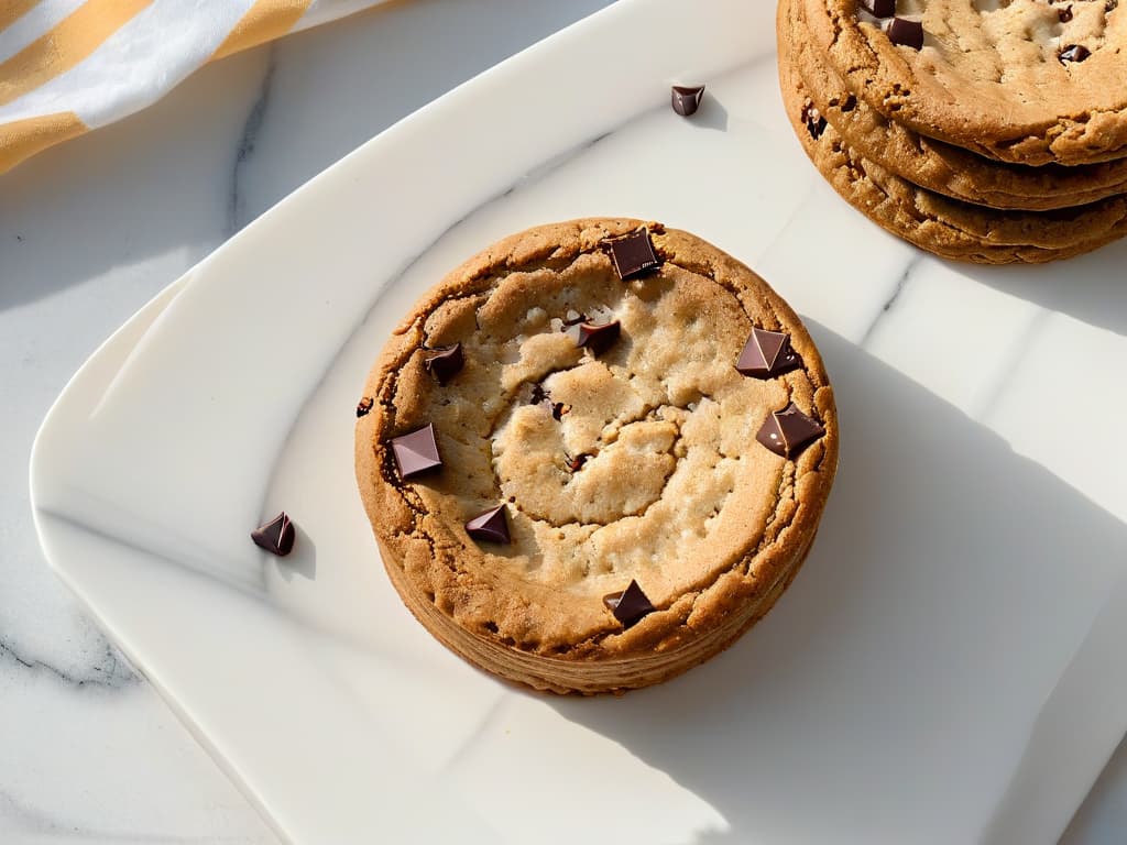  A closeup, ultradetailed image of a freshly baked gourmet oatmeal cookie resting on a sleek, modern marble countertop. The cookie is goldenbrown with perfectly crisp edges, adorned with a generous sprinkle of whole rolled oats and chunks of premium dark chocolate. The lighting is soft, casting gentle shadows that highlight the cookie's intricate texture and enticing aroma, inviting the viewer to indulge in a guiltfree, healthy treat. hyperrealistic, full body, detailed clothing, highly detailed, cinematic lighting, stunningly beautiful, intricate, sharp focus, f/1. 8, 85mm, (centered image composition), (professionally color graded), ((bright soft diffused light)), volumetric fog, trending on instagram, trending on tumblr, HDR 4K, 8K