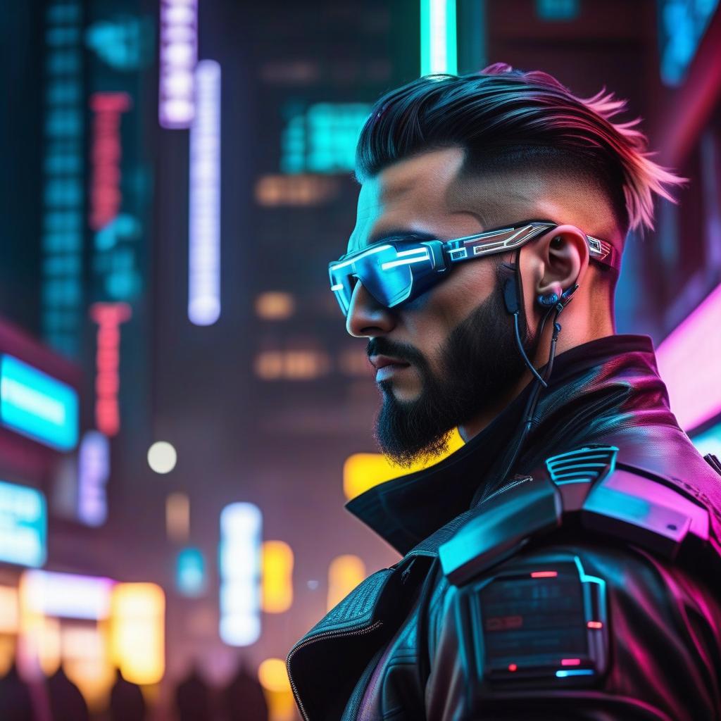  cyberpunk game style A man. In profile. Long Russian hair tied at the back. Russian beard. Athletic physique. Prosthetic hands. Metal lines of prostheses on the face from the eyes down to the chin. Glowing irises of the eyes with backlight. Cyberpunk. Futurism. Night. Bright neon lights. Snow. City, flying cars on the background. Background blurred. . neon, dystopian, futuristic, digital, vibrant, detailed, high contrast, reminiscent of cyberpunk genre video games hyperrealistic, full body, detailed clothing, highly detailed, cinematic lighting, stunningly beautiful, intricate, sharp focus, f/1. 8, 85mm, (centered image composition), (professionally color graded), ((bright soft diffused light)), volumetric fog, trending on instagram, trending on tumblr, HDR 4K, 8K