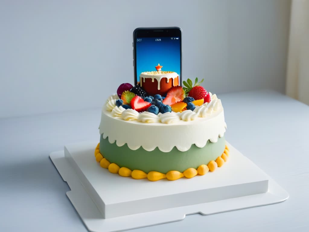  A highresolution, minimalist image featuring a sleek, modern smartphone displaying a vibrant and visually appealing cake design app interface. The app screen showcases intricate cake designs, a color palette selection, and userfriendly tools for creating innovative and artistic pastry masterpieces. The background is soft and blurred to emphasize the digital creativity and inspiration brought by using design apps in pastrymaking. hyperrealistic, full body, detailed clothing, highly detailed, cinematic lighting, stunningly beautiful, intricate, sharp focus, f/1. 8, 85mm, (centered image composition), (professionally color graded), ((bright soft diffused light)), volumetric fog, trending on instagram, trending on tumblr, HDR 4K, 8K