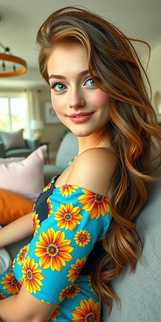  good quality, high quality, rait of a with freckles and freckles, big , wearing a colorful sundress and black dress, very detailed eyes, pretty face, light blush, small mouth, blush, smiling softly, wearing casual clothing, relaxing on a modern couch, interior lighting, cozy living room background, medium shot, mid shot, soft focus, 8k, art by irakli nadar, hyperrealism