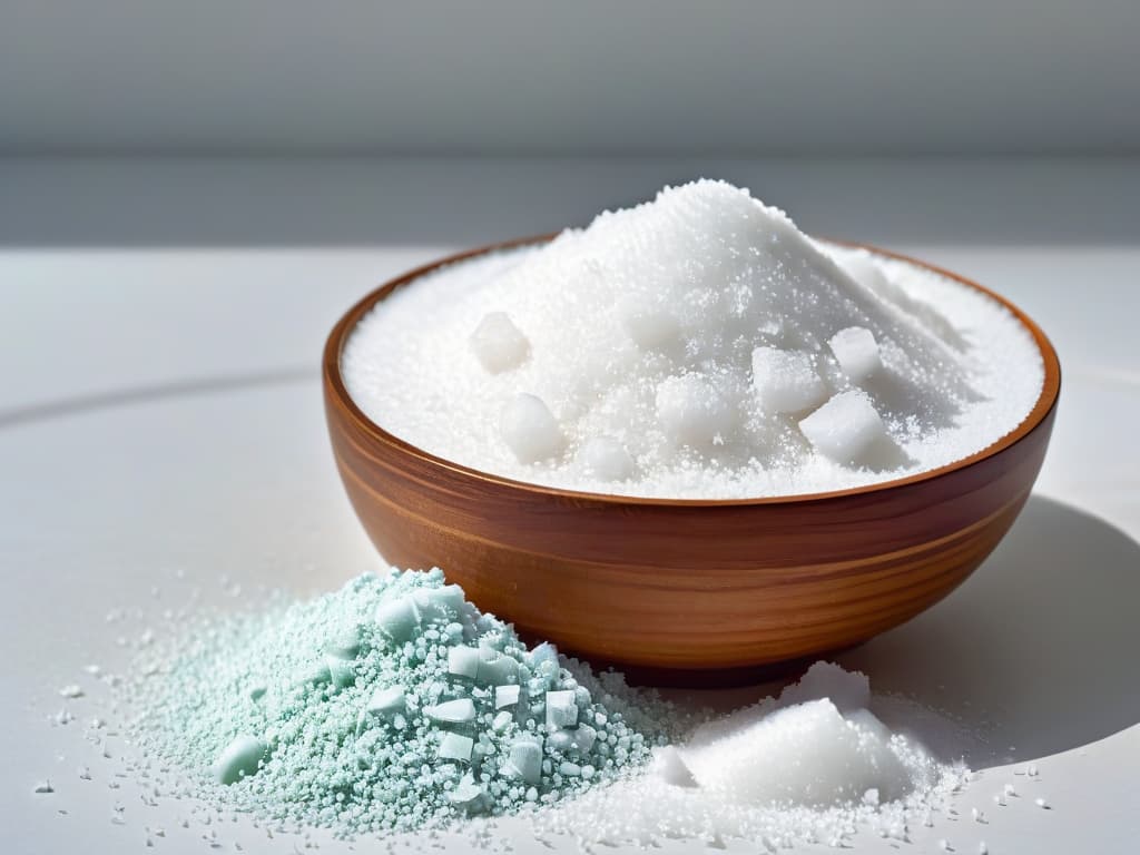  A highly detailed image of two glass bowls side by side, one filled with coarse sea salt and the other with fine refined salt, set against a plain white background. The grains of salt are magnified to show their texture, with the sea salt appearing slightly larger and irregular in shape compared to the uniform crystals of refined salt. The lighting is soft, casting subtle shadows to enhance the contrast between the two types of salt. hyperrealistic, full body, detailed clothing, highly detailed, cinematic lighting, stunningly beautiful, intricate, sharp focus, f/1. 8, 85mm, (centered image composition), (professionally color graded), ((bright soft diffused light)), volumetric fog, trending on instagram, trending on tumblr, HDR 4K, 8K