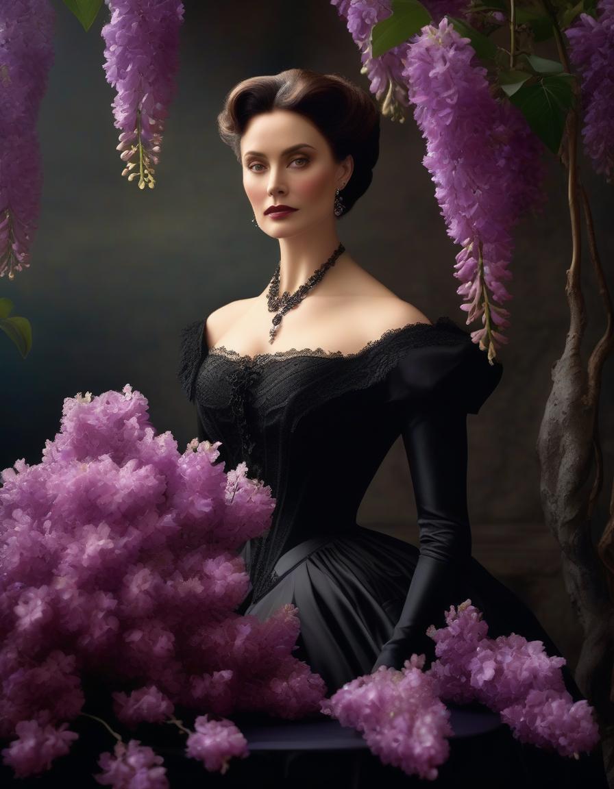  A Victorian beauty in mourning in a black dress with a wisteria bouquet from the 1870s, a rose colored orchid bouquet on the table. hyperrealistic, full body, detailed clothing, highly detailed, cinematic lighting, stunningly beautiful, intricate, sharp focus, f/1. 8, 85mm, (centered image composition), (professionally color graded), ((bright soft diffused light)), volumetric fog, trending on instagram, trending on tumblr, HDR 4K, 8K