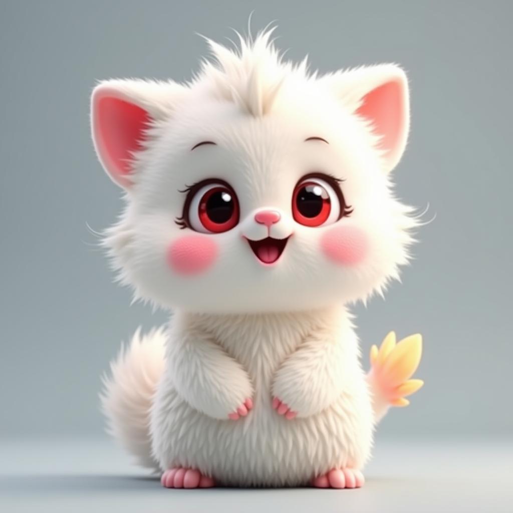  good quality, high quality, adorable fluffy white creature furry with big red eyes, pink cheeks, and playful expression standing against a gray background. cute fantasy character with soft fur and colorful details in 3d style