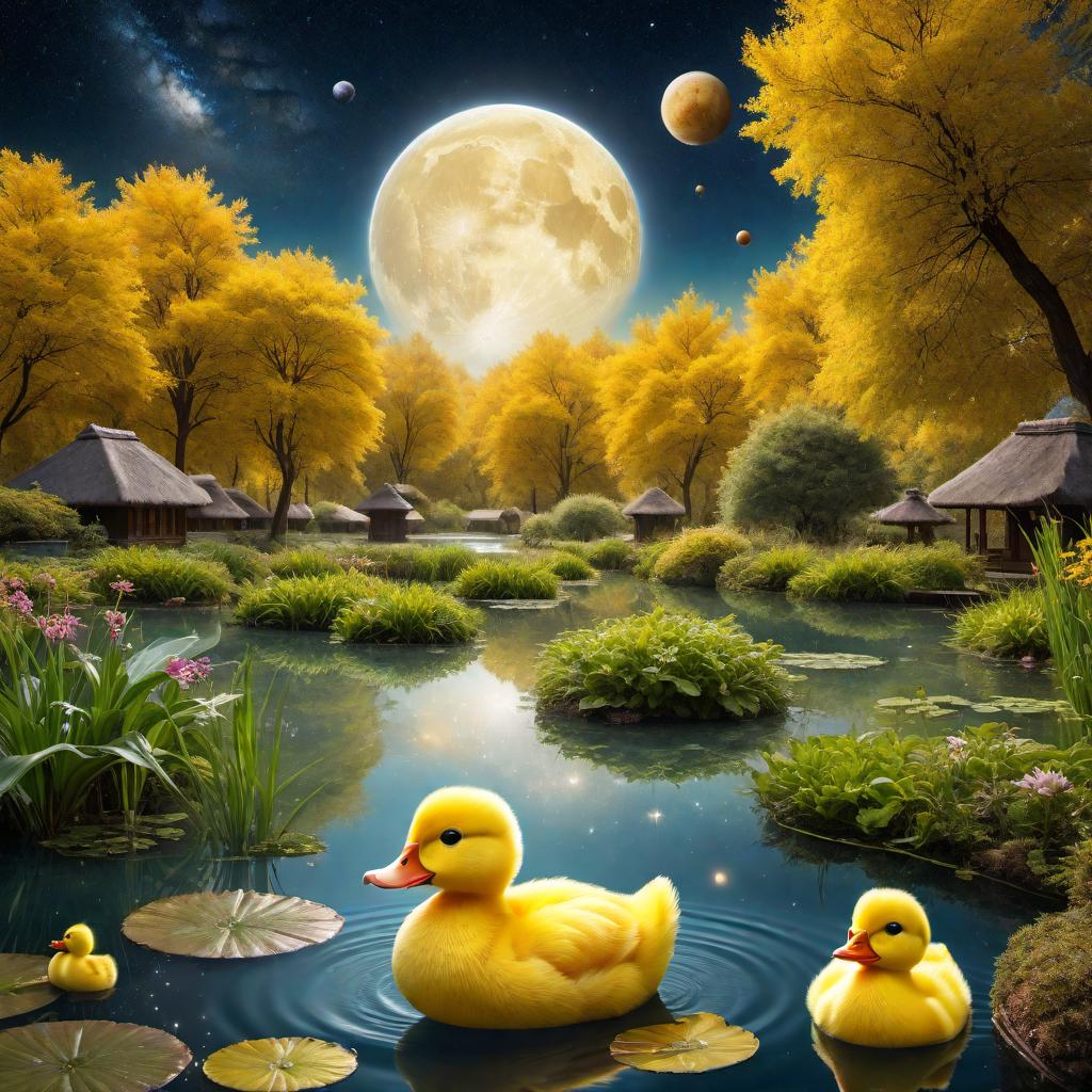  A yellow duck in a pond looking up into space with the sky as the main focus, filled with an abundance of stars, moons, and planets. The sky creates a breathtaking cosmic scene with vibrant colors, happiness, and surrealism style. hyperrealistic, full body, detailed clothing, highly detailed, cinematic lighting, stunningly beautiful, intricate, sharp focus, f/1. 8, 85mm, (centered image composition), (professionally color graded), ((bright soft diffused light)), volumetric fog, trending on instagram, trending on tumblr, HDR 4K, 8K