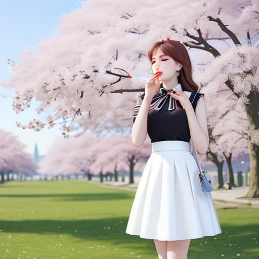  A young beauty smoking a cigarette and wearing a beautiful white skirt stood under a cherry tree.