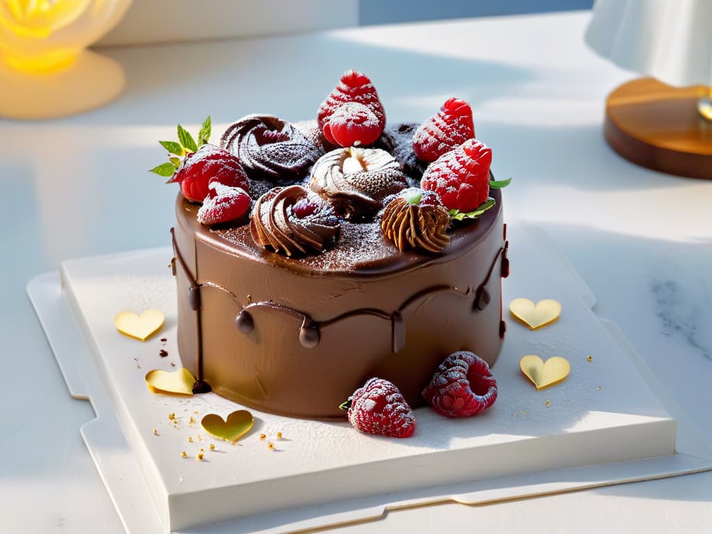  An ultradetailed closeup image of a heartshaped chocolate cake decorated with vibrant red raspberries and delicate edible gold leaf, set on a sleek white marble platter. The cake's glossy surface reflects the soft ambient light, highlighting the intricate details of the dessert. The raspberries glisten with freshness, while the gold leaf adds a touch of elegance, creating a visually stunning and appetizing composition that embodies the essence of celebrating love through the art of pastry. hyperrealistic, full body, detailed clothing, highly detailed, cinematic lighting, stunningly beautiful, intricate, sharp focus, f/1. 8, 85mm, (centered image composition), (professionally color graded), ((bright soft diffused light)), volumetric fog, trending on instagram, trending on tumblr, HDR 4K, 8K