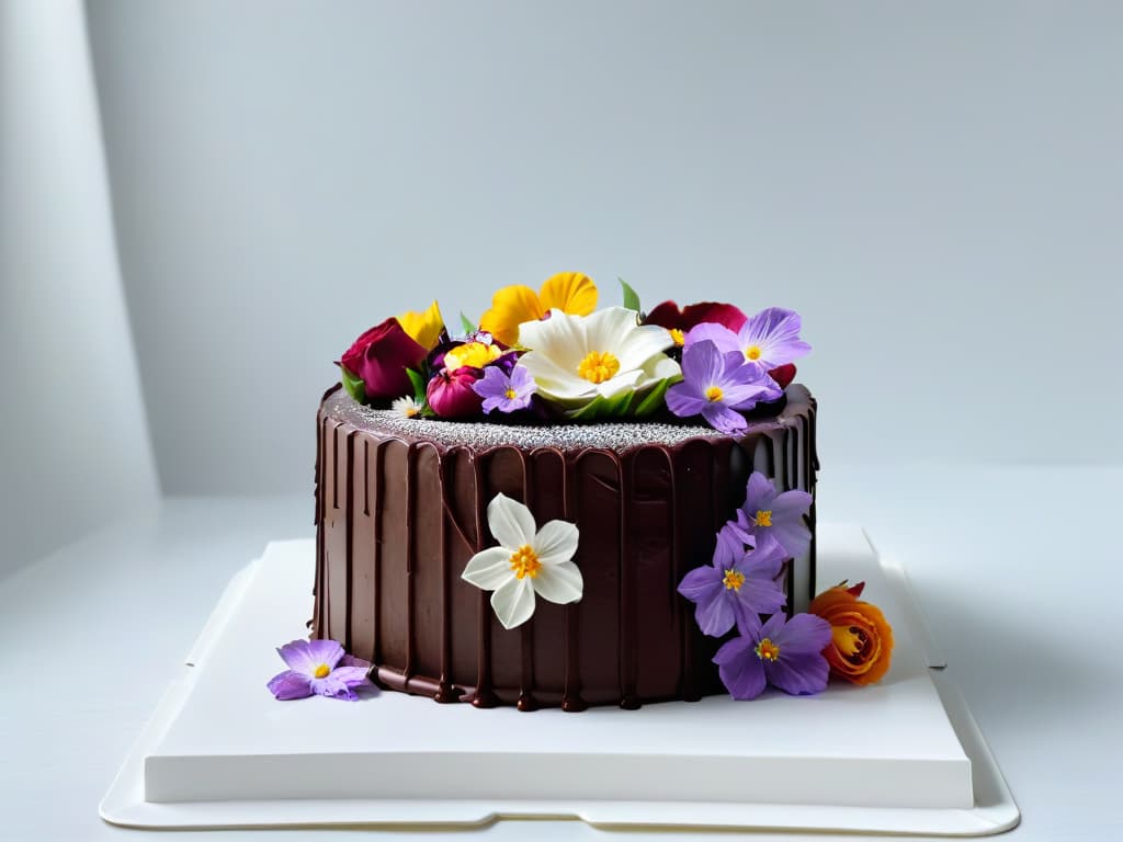  A minimalistic image of a beautifully decorated vegan chocolate cake with vibrant edible flowers on top, set on a sleek white cake stand against a simple, elegant background. The cake is expertly crafted, showcasing intricate piping work and delicate details, exuding a sense of celebration and sophistication. hyperrealistic, full body, detailed clothing, highly detailed, cinematic lighting, stunningly beautiful, intricate, sharp focus, f/1. 8, 85mm, (centered image composition), (professionally color graded), ((bright soft diffused light)), volumetric fog, trending on instagram, trending on tumblr, HDR 4K, 8K