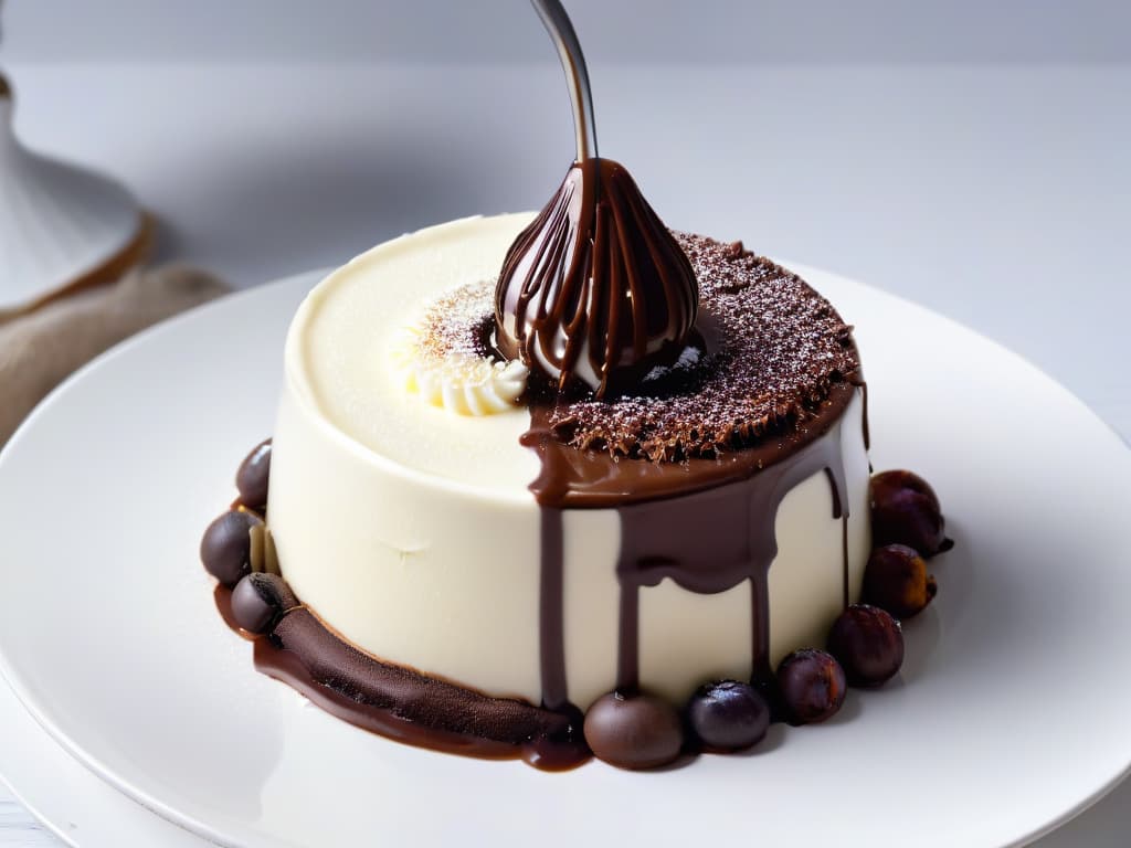  A closeup, ultradetailed image of a delicate swirl of glossy chocolate sauce slowly being drizzled onto a perfectly smooth and creamy vanilla panna cotta. The contrast between the rich, dark chocolate and the light, airy panna cotta creates a visually striking and appetizing image that captures the essence of innovative emulsions creating avantgarde textures in pastrymaking. The soft lighting enhances the luxurious sheen of the chocolate sauce and highlights the flawless, velvety texture of the dessert. hyperrealistic, full body, detailed clothing, highly detailed, cinematic lighting, stunningly beautiful, intricate, sharp focus, f/1. 8, 85mm, (centered image composition), (professionally color graded), ((bright soft diffused light)), volumetric fog, trending on instagram, trending on tumblr, HDR 4K, 8K