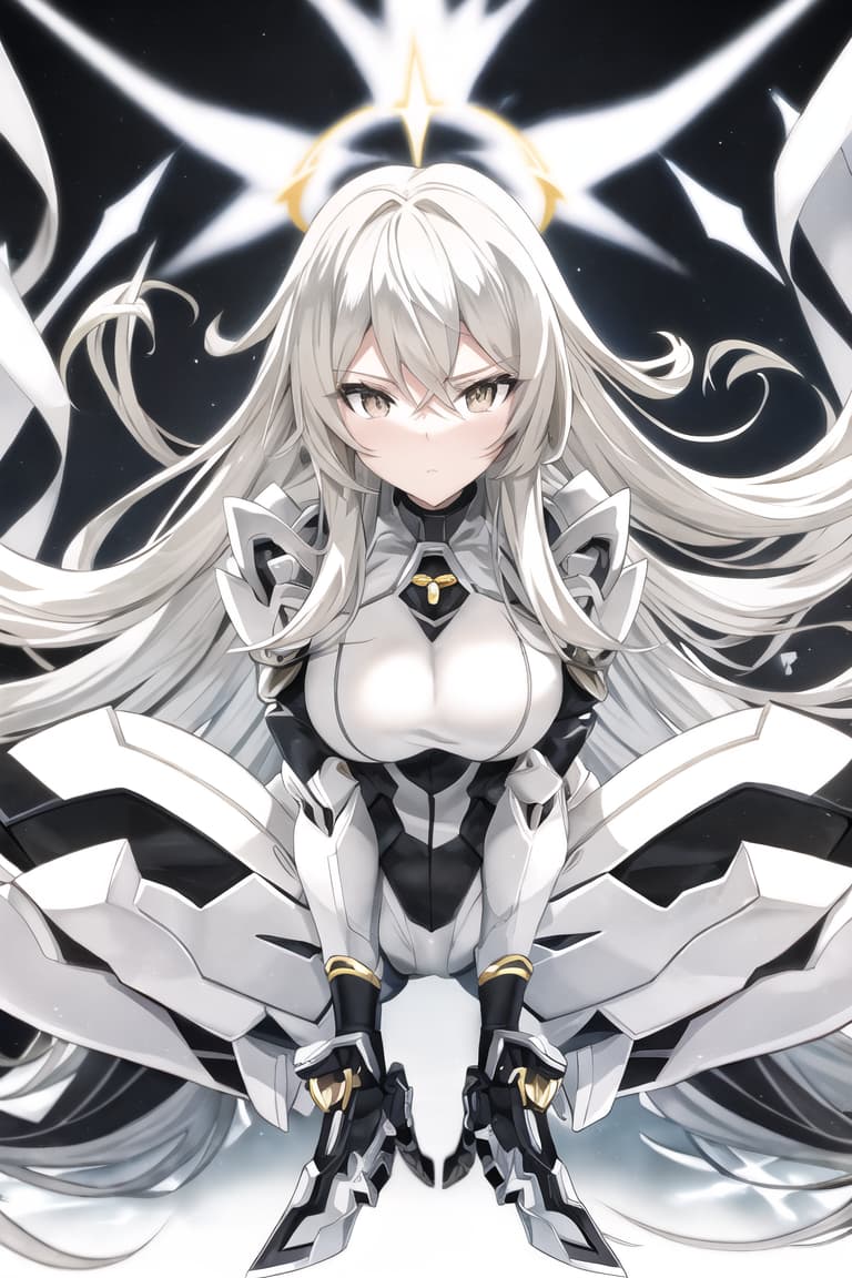  master piece , best quality,A black and white anime influenced drawing of a in a distinctive white suit squatting at the edge of a stark white building, Her golden hair gleams under a minimal light source, creating a halo around her, White gloves complement her outfit. In her adding a burst of color to the otherwise monochrome setting, The artwork is characterized by detailed panels featuring expressive faces and dynamic action reminiscent of comic book art.