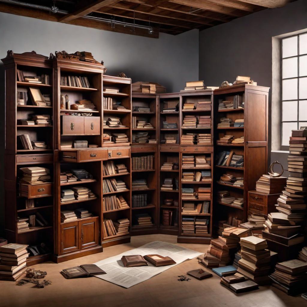  A photorealistic image of a wooden book cabinet with doors that has broken due to being overloaded with too many items. The cabinet is situated in a photo studio, which gives the setting a creative and professional backdrop, with photography equipment visible around. The cabinet is depicted as having collapsed shelves and books and other items spilling out, with visible signs of wear and stressed material indicating the cause of the breakdown. hyperrealistic, full body, detailed clothing, highly detailed, cinematic lighting, stunningly beautiful, intricate, sharp focus, f/1. 8, 85mm, (centered image composition), (professionally color graded), ((bright soft diffused light)), volumetric fog, trending on instagram, trending on tumblr, HDR 4K, 8K