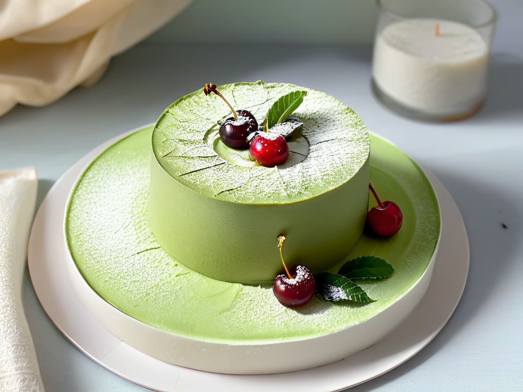  A closeup, ultradetailed image of a delicate matcha green tea mousse cake topped with a single vibrant red cherry, surrounded by a light dusting of powdered sugar on a sleek, modern white plate. The cake's smooth surface reflects the soft natural light, emphasizing its meticulous layers and intricate design. The green hue of the matcha contrasts beautifully with the deep red of the cherry, creating a visually stunning and appetizing composition that perfectly captures the fusion of Asian flavors with a Western twist. hyperrealistic, full body, detailed clothing, highly detailed, cinematic lighting, stunningly beautiful, intricate, sharp focus, f/1. 8, 85mm, (centered image composition), (professionally color graded), ((bright soft diffused light)), volumetric fog, trending on instagram, trending on tumblr, HDR 4K, 8K