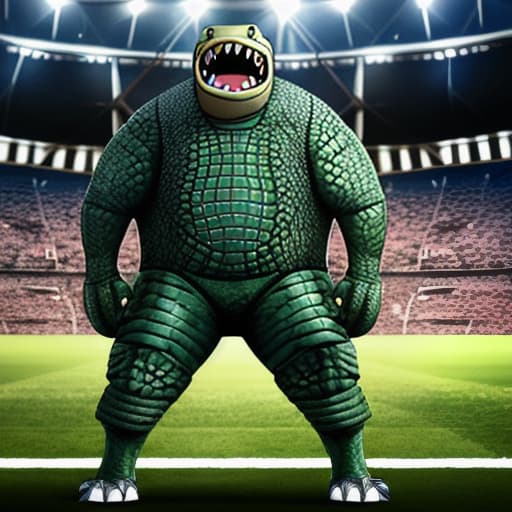  full members of a rugby player crocodile face and body of a crocodile standing in front of big stadium