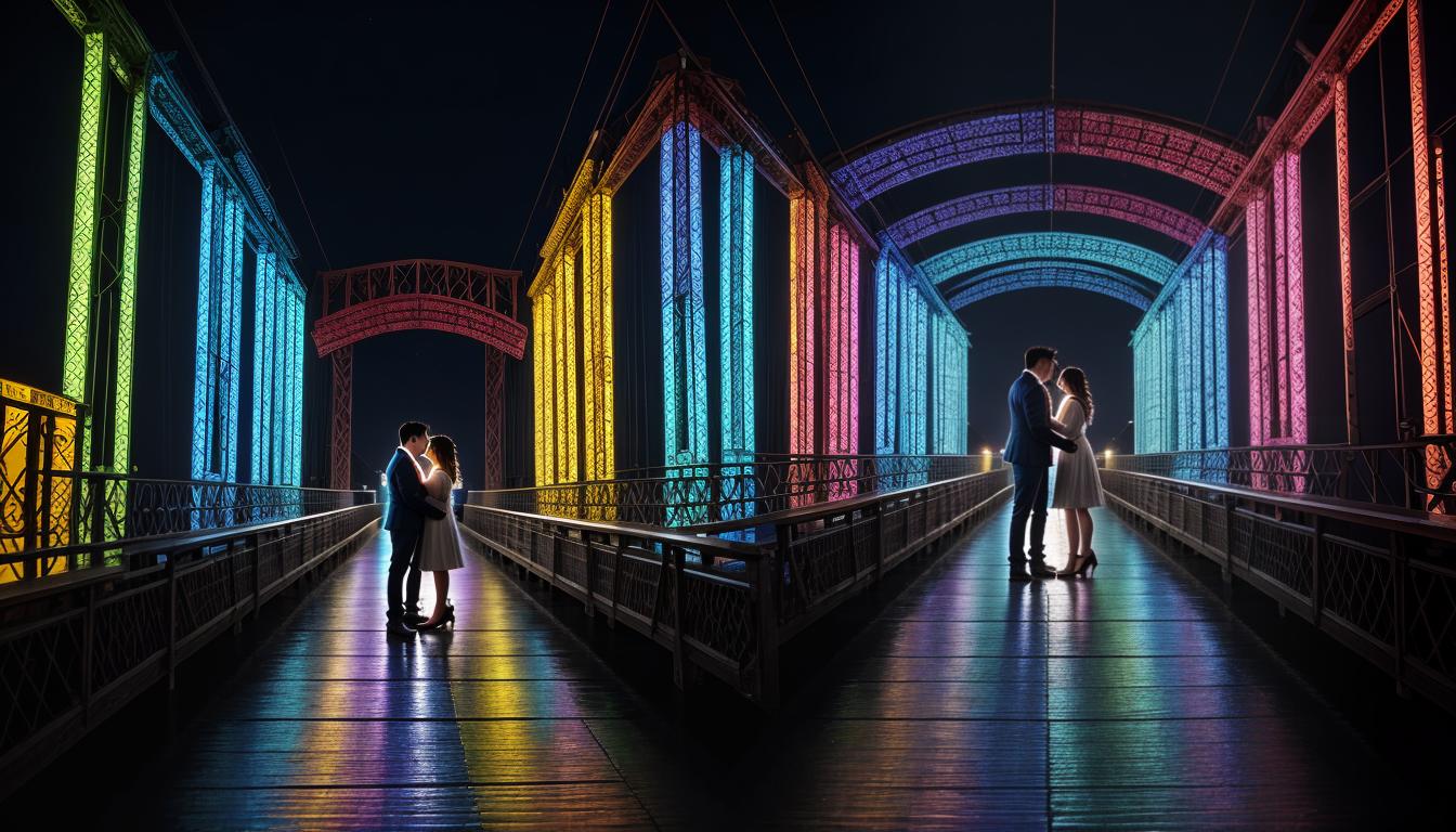  digital illustration, two figures, one male and one female, standing on either side of a bridge made of letters and words, extending towards each other, bright colors, serene, hopeful, looking at viewer, dynamic pose, (intricate details, masterpiece, best quality)