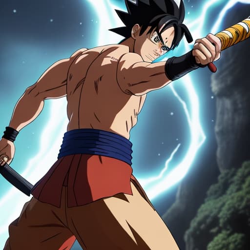  "Um guerreiro com cabelo preto espetado e olhos grandes e expressivos, combinando os estilos de Goku, Naruto e Luffy. Ele veste uma combinação das roupas de seus três mundos: a faixa laranja e azul de Naruto, o uniforme azul e laranja de Goku, e o colete vermelho com o símbolo do chapéu de palha de Luffy. Nas costas, carrega uma katana semelhante à de Zoro, e usa sandálias ninja. Seus punhos brilham com o poder do ki de Goku, cercado pelo manto de chakra de Nove Caudas de Naruto e pelo Haki de Luffy." Epic Aerials hyperrealistic, full body, detailed clothing, highly detailed, cinematic lighting, stunningly beautiful, intricate, sharp focus, f/1. 8, 85mm, (centered image composition), (professionally color graded), ((bright soft diffused light)), volumetric fog, trending on instagram, trending on tumblr, HDR 4K, 8K