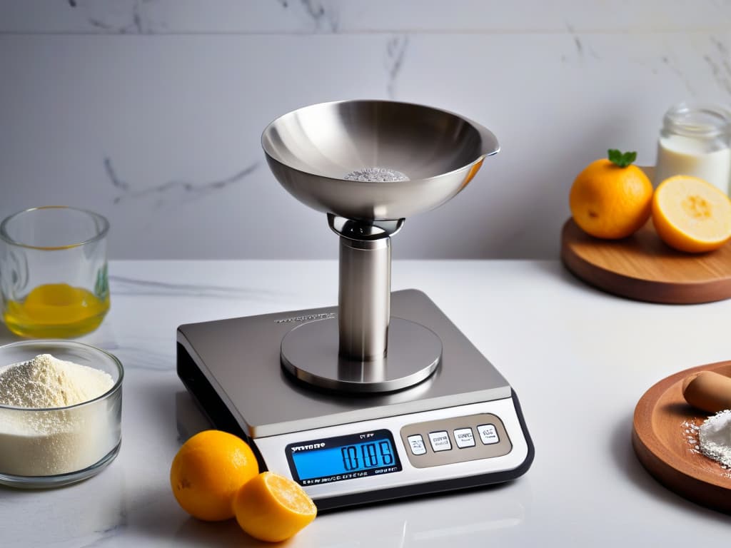  An ultradetailed closeup image of a sleek, stainless steel digital kitchen scale with a bright, backlit LED display showing precise measurements in grams of flour, sugar, and other baking ingredients. The scale is set on a pristine marble countertop, surrounded by scattered measuring spoons, a vintage whisk, and a stack of pastelcolored measuring cups, creating a visually appealing and professional kitchen setup perfect for any aspiring baker. hyperrealistic, full body, detailed clothing, highly detailed, cinematic lighting, stunningly beautiful, intricate, sharp focus, f/1. 8, 85mm, (centered image composition), (professionally color graded), ((bright soft diffused light)), volumetric fog, trending on instagram, trending on tumblr, HDR 4K, 8K