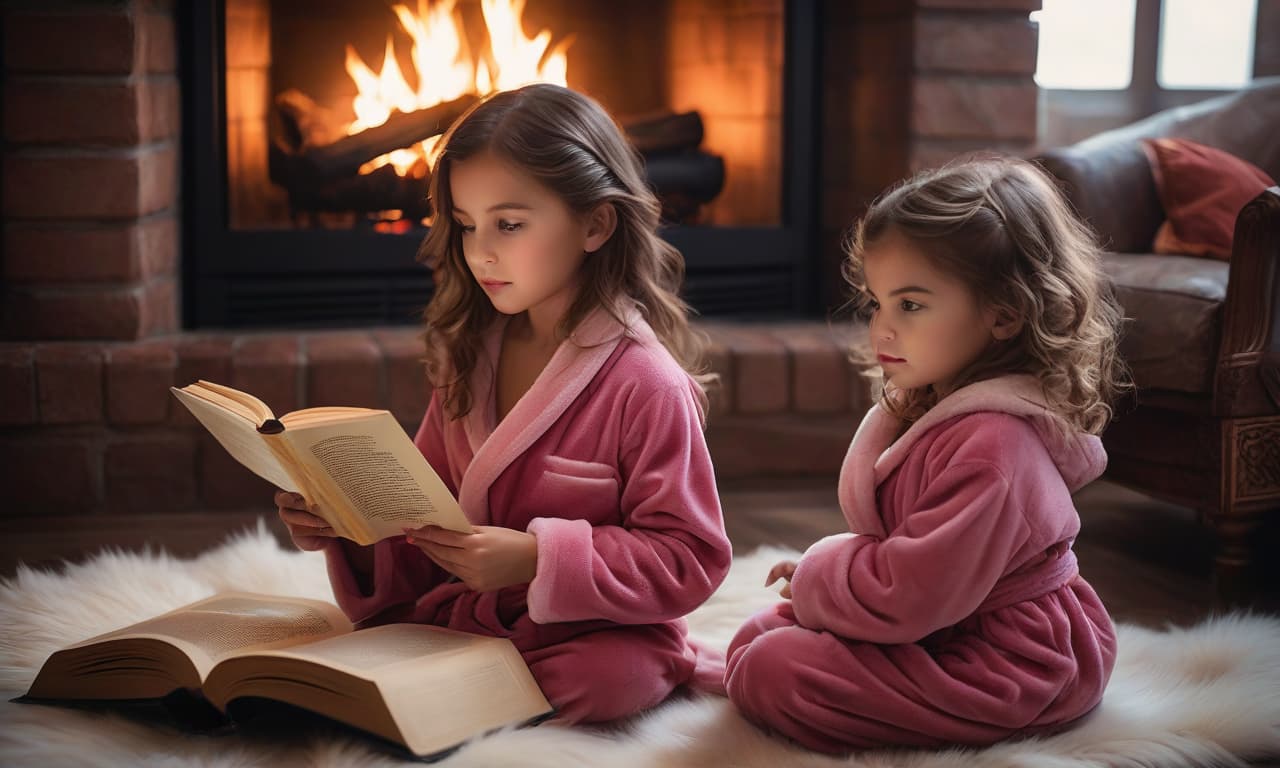  cinematic film still A little girl in bright pajamas is sitting on a fur rug next to the fireplace, next to a woman reading a book in a terry dressing gown . shallow depth of field, vignette, highly detailed, high budget, bokeh, cinemascope, moody, epic, gorgeous, film grain, grainy hyperrealistic, full body, detailed clothing, highly detailed, cinematic lighting, stunningly beautiful, intricate, sharp focus, f/1. 8, 85mm, (centered image composition), (professionally color graded), ((bright soft diffused light)), volumetric fog, trending on instagram, trending on tumblr, HDR 4K, 8K