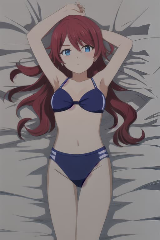  Lie in bed, nipple, from above, hide one eye, small breasts, swimsuit