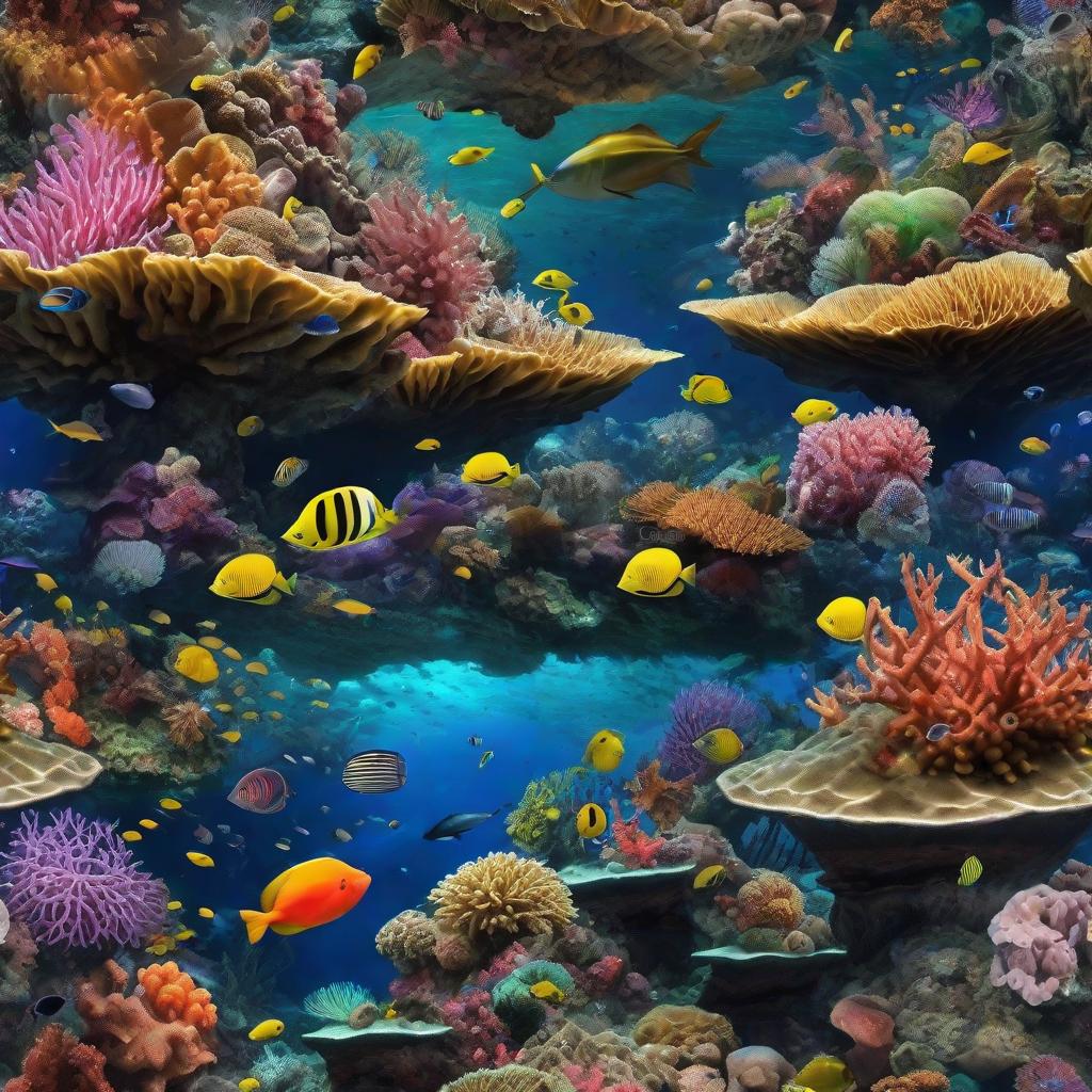  masterpiece, best quality, beautiful deep sea full of corals, diverse marine life and fascinating underwater landscapes with corals, appendages, small fish, anemones, dolphins, various algae, caves, colorful, 8k resolution and intricate detail