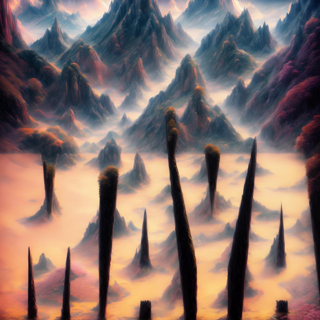  A surreal landscape with floating mountains, glowing flora, and a mystical river flowing through it. The sky is a mix of pastel pinks and oranges, with a soft golden light casting shadows on the ground. The style is dreamlike and ethereal, with intricate details and a sense of otherworldliness. style RAW, best quality, masterpiece