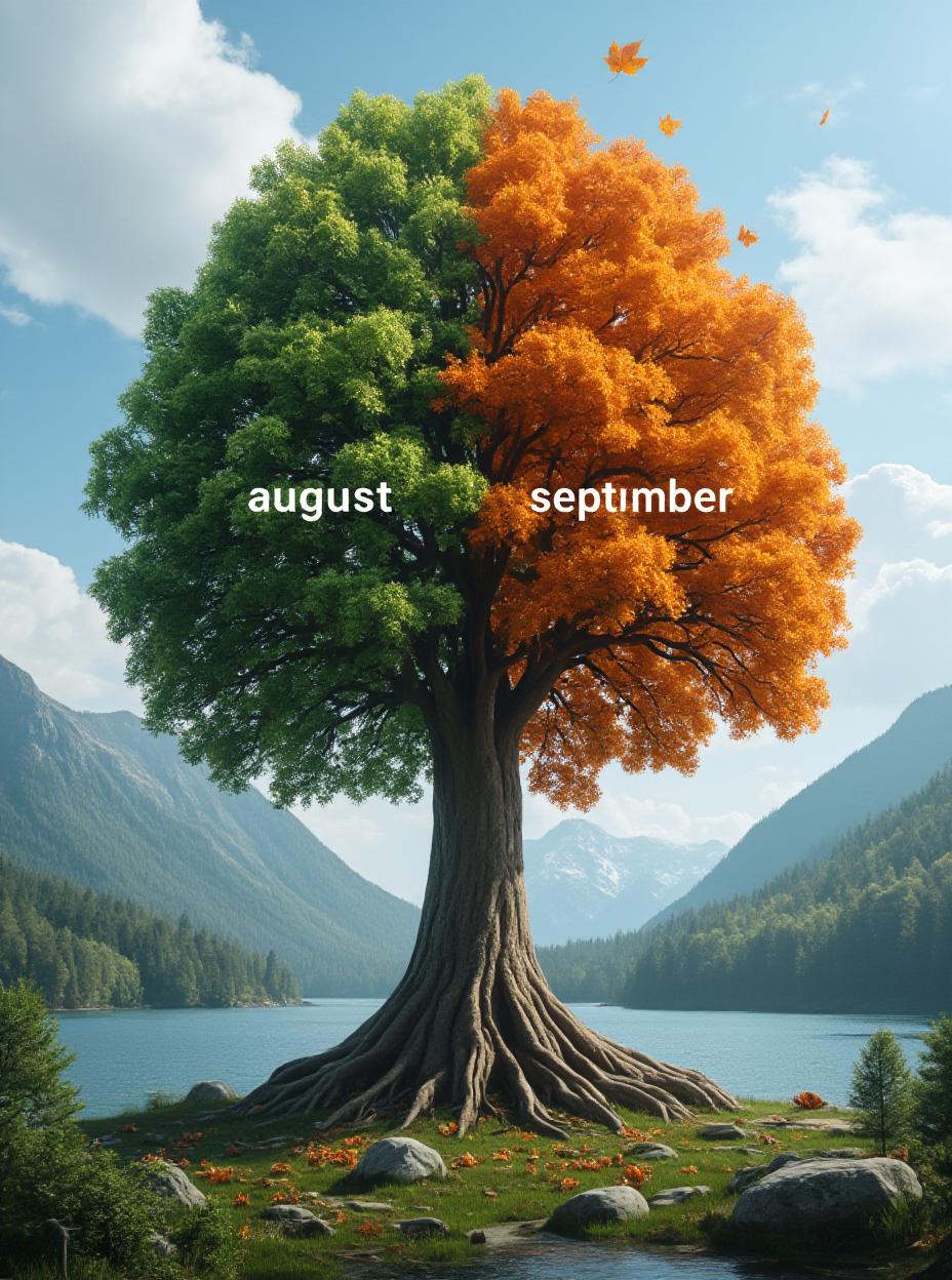  good quality, high quality, a cinematic photo of a massive tree with a duality of summer and autumn seasons. the tree has large, green leaves and text "august" on one side and small, orange leaves and text "september " on the other. the background reveals a serene landscape with mountains, forests, and a body of water. the lighting is natural. the photo has a high resolution of 8k and is highly detailed, typography