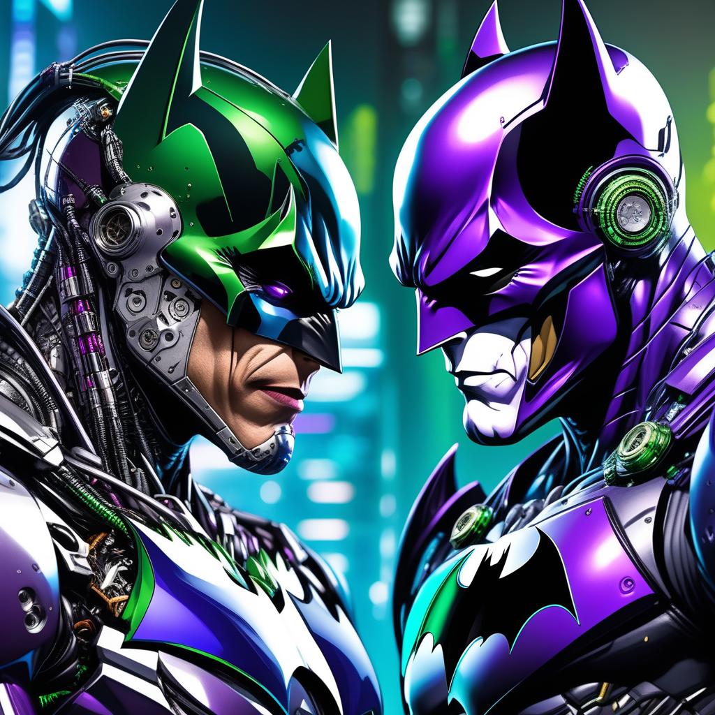  comic (RAW photo, masterpiece, high resolution, extremely complex), mix of The (Joker and cyborg), vs mix of the (Batman and cyborg), cyborg skull, upper body, purple and green joker cyborg suit, black and blue batman cyborg suit, made of metal, scratchy metal, extremely detailed, sci-fi, blurred background . graphic illustration, comic art, graphic novel art, vibrant, highly detailed, best quality, very detailed, high resolution, sharp, sharp image, extremely detailed, 4k, 8k