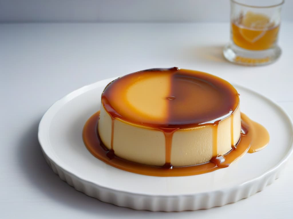  A minimalistic yet detailed closeup image of a perfectly caramelized flan parisino, showcasing its creamy texture and golden caramel glaze. The flan sits elegantly in a pristine white ceramic ramekin, with a subtle drizzle of caramel sauce cascading down the sides. The surface of the flan glistens under a soft, natural light, emphasizing its smoothness and inviting appearance. hyperrealistic, full body, detailed clothing, highly detailed, cinematic lighting, stunningly beautiful, intricate, sharp focus, f/1. 8, 85mm, (centered image composition), (professionally color graded), ((bright soft diffused light)), volumetric fog, trending on instagram, trending on tumblr, HDR 4K, 8K