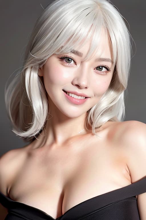  Large and beautiful eye smile is fascinating white hair, (Masterpiece, BestQuality:1.3), (ultra detailed:1.2), (hyperrealistic:1.3), (RAW photo:1.2),High detail RAW color photo, professional photograph, (Photorealistic:1.4), (realistic:1.4), ,professional lighting, (japanese), beautiful face, (realistic face)