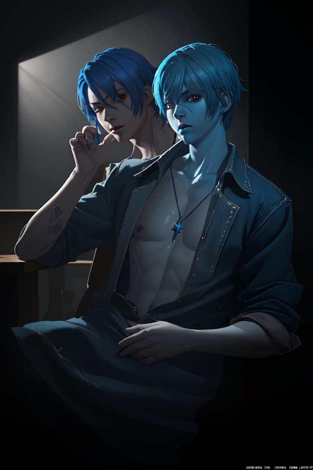  Blue hair, cool boys, (Absurdres, masterpieces, ultimate quality), official art, aesthetic, (diffusion lighting, environmental lighting), detailed skin textures, best shadows, very detailed, colorful, 8k Wallpaper, RAW Photorealistic Detailed, Dutch Angle, 💩, 💩, 💩,