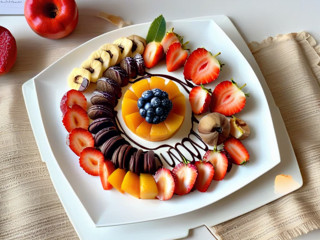  A stunning, minimalistic image of a perfectly balanced dessert plate showcasing a colorful array of fruits, nuts, and a decadent chocolate drizzle. The fruits are meticulously sliced to display their vibrant hues, the nuts are delicately arranged to add texture, and the chocolate drizzle elegantly decorates the plate, creating a visually appealing composition that embodies the ideal macronutrient balance in desserts. hyperrealistic, full body, detailed clothing, highly detailed, cinematic lighting, stunningly beautiful, intricate, sharp focus, f/1. 8, 85mm, (centered image composition), (professionally color graded), ((bright soft diffused light)), volumetric fog, trending on instagram, trending on tumblr, HDR 4K, 8K