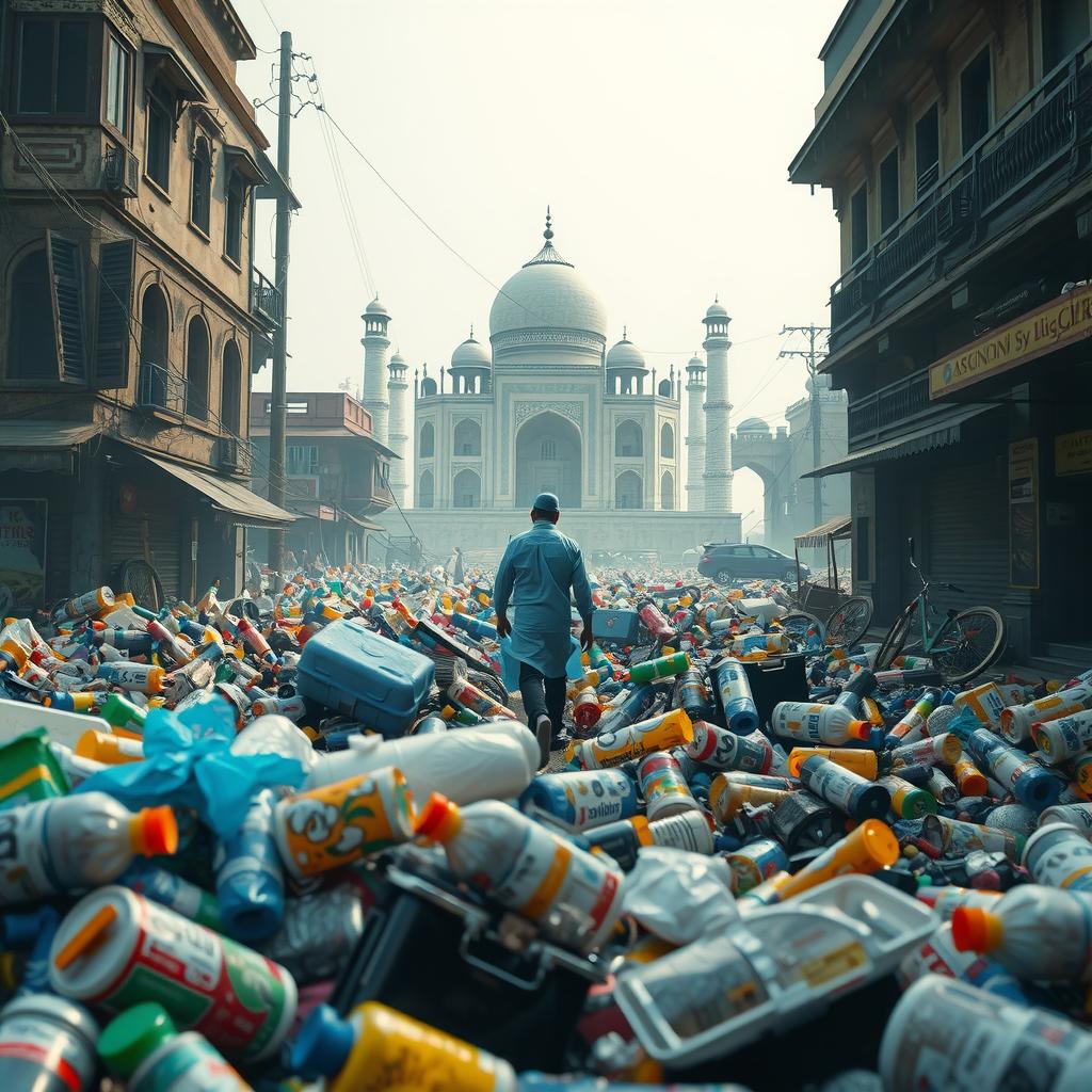  a haunting, surreal real image of a plastic filled environment in india, with plastic waste overflowing from streets, rivers, and landscapes. plastic bags, bottles, and microbeads litter the scene, with a few iconic indian elements (e.g. taj mahal, indian streets) visible in the background. the image should convey the overwhelming scale of plastic pollution in india hyperrealistic, full body, detailed clothing, highly detailed, cinematic lighting, stunningly beautiful, intricate, sharp focus, f/1. 8, 85mm, (centered image composition), (professionally color graded), ((bright soft diffused light)), volumetric fog, trending on instagram, trending on tumblr, HDR 4K, 8K