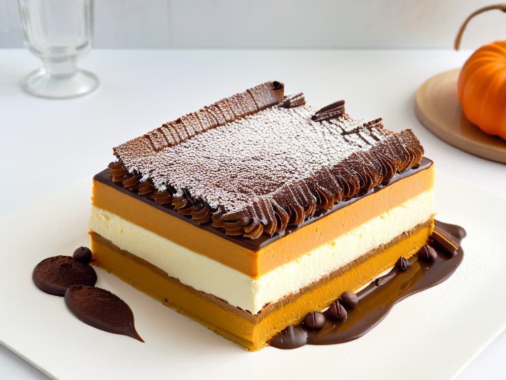  A closeup, ultradetailed image of a slice of pumpkin tiramisu on a delicate, transparent plate, showcasing the layers of espressosoaked ladyfingers, creamy pumpkin mascarpone filling, and a dusting of cocoa powder on top. The vibrant orange hues of the pumpkin mascarpone are complemented by the rich brown tones of the espresso, creating a visually striking and appetizing dessert presentation. hyperrealistic, full body, detailed clothing, highly detailed, cinematic lighting, stunningly beautiful, intricate, sharp focus, f/1. 8, 85mm, (centered image composition), (professionally color graded), ((bright soft diffused light)), volumetric fog, trending on instagram, trending on tumblr, HDR 4K, 8K