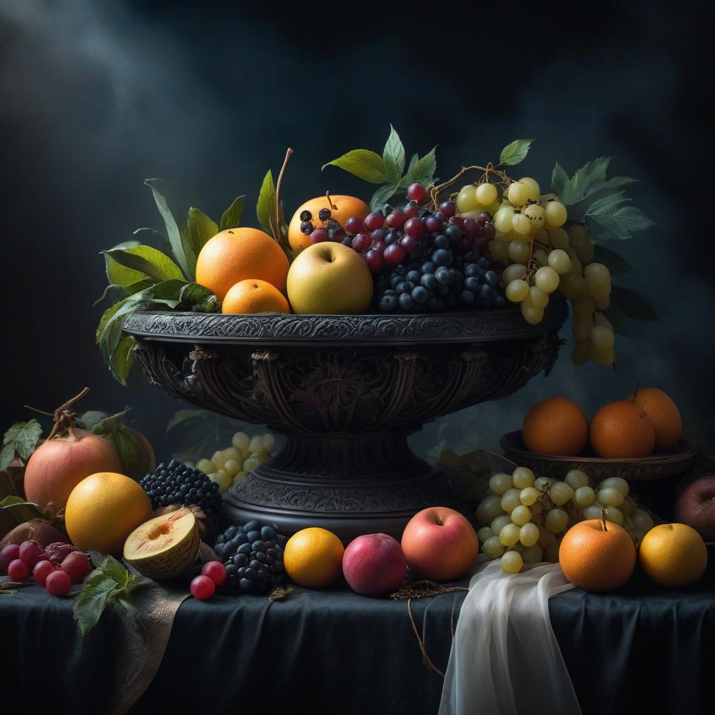  gothic style fruit is a still life painted in broad strokes in the Flemish style of the 17th century by the artist Paul Rubens . dark, mysterious, haunting, dramatic, ornate, detailed hyperrealistic, full body, detailed clothing, highly detailed, cinematic lighting, stunningly beautiful, intricate, sharp focus, f/1. 8, 85mm, (centered image composition), (professionally color graded), ((bright soft diffused light)), volumetric fog, trending on instagram, trending on tumblr, HDR 4K, 8K