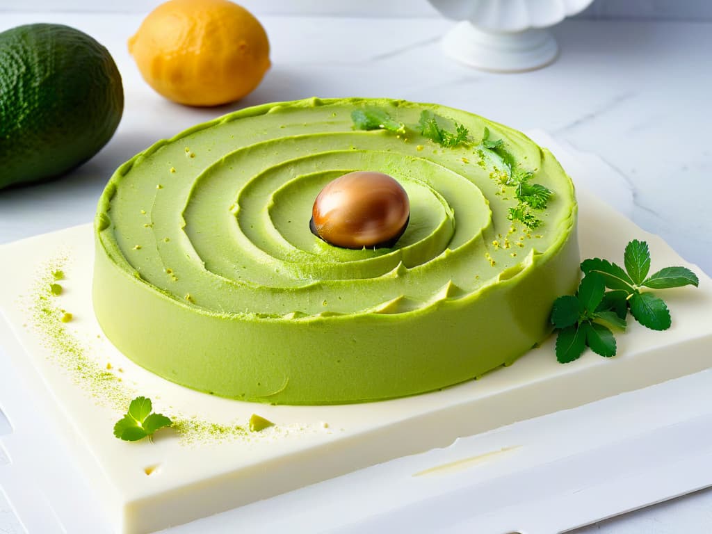  An ultradetailed image of a luxurious avocado and lime tart elegantly presented on a sleek, white marble platter. The tart is adorned with thin slices of ripe avocado and delicate lime zest, creating a visually stunning contrast of green hues against the creamy filling. The crust is perfectly golden and crumbly, adding a touch of elegance to the overall composition. The lighting is soft and natural, casting a gentle glow on the tart and highlighting its exquisite details. hyperrealistic, full body, detailed clothing, highly detailed, cinematic lighting, stunningly beautiful, intricate, sharp focus, f/1. 8, 85mm, (centered image composition), (professionally color graded), ((bright soft diffused light)), volumetric fog, trending on instagram, trending on tumblr, HDR 4K, 8K