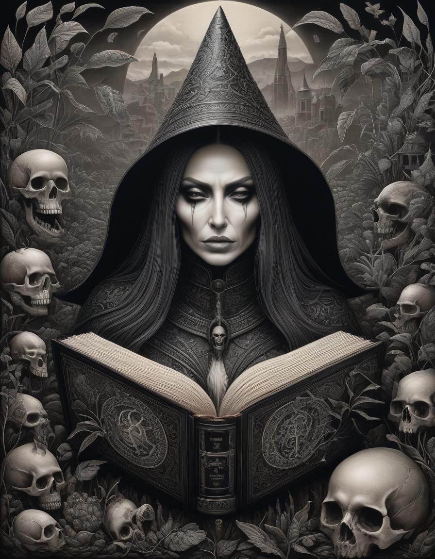  Sandra Silberzweig, Naoto Hattori, zentangle painting, black and white illustrations. Illustration, surrealism and symbolism by Gertrude Abercrombie, depicting a large, terrible, scary witch's book bound in leather. The book is closed, on the leather cover there are symbols, a scary open eye and a skull. The background is mandrake plants and strange creatures, an atmosphere of danger. Top view, Best quality, noted as a fantasy masterpiece, mystical, good detail, good drawing, sharp outlines hyperrealistic, full body, detailed clothing, highly detailed, cinematic lighting, stunningly beautiful, intricate, sharp focus, f/1. 8, 85mm, (centered image composition), (professionally color graded), ((bright soft diffused light)), volumetric fog, trending on instagram, trending on tumblr, HDR 4K, 8K