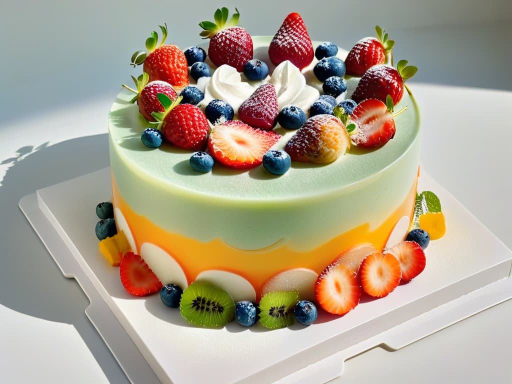  An ultradetailed image of a vibrant, multilayered gelatin dessert, showcasing intricate swirls of pastel colors blending seamlessly into each other. The layers are perfectly smooth and translucent, capturing the light in a way that highlights the delicate textures within. The dessert is topped with an array of fresh, colorful fruits like strawberries, blueberries, and kiwi, arranged in an artful and appetizing manner. The background is a soft, neutral tone to emphasize the vivid colors of the gelatin and fruits, creating a visually striking and appetizing composition that conveys a sense of elegance and healthiness. hyperrealistic, full body, detailed clothing, highly detailed, cinematic lighting, stunningly beautiful, intricate, sharp focus, f/1. 8, 85mm, (centered image composition), (professionally color graded), ((bright soft diffused light)), volumetric fog, trending on instagram, trending on tumblr, HDR 4K, 8K