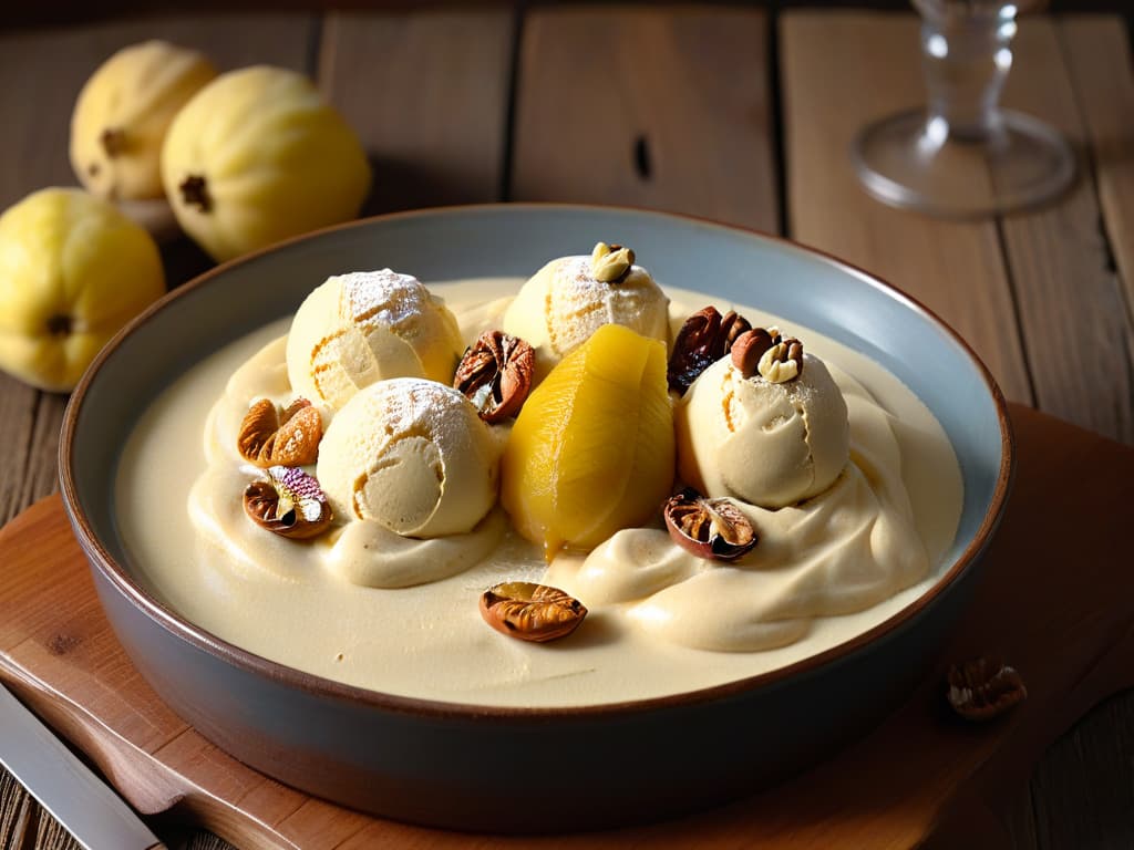  A serene and minimalistic image of a scoop of creamy quince and walnut ice cream sitting delicately on a rustic wooden table, garnished with a few scattered whole walnuts and a slice of fresh quince. The soft lighting casts a gentle glow on the dessert, highlighting its smooth texture and enticing colors of pale yellow and deep brown. The simplicity of the composition evokes a sense of warmth and comfort, perfectly capturing the essence of a cold autumn treat. hyperrealistic, full body, detailed clothing, highly detailed, cinematic lighting, stunningly beautiful, intricate, sharp focus, f/1. 8, 85mm, (centered image composition), (professionally color graded), ((bright soft diffused light)), volumetric fog, trending on instagram, trending on tumblr, HDR 4K, 8K