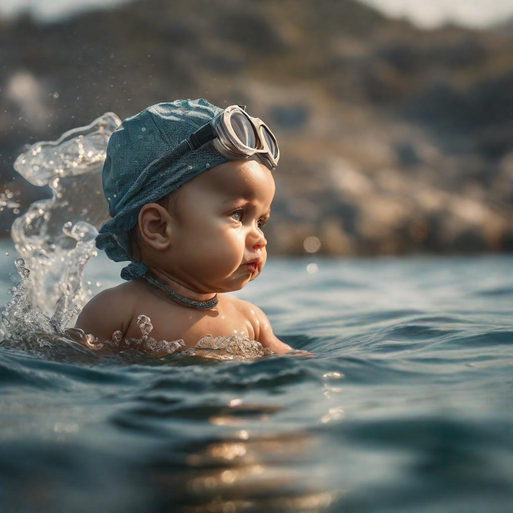  A baby is swimming in the sea hyperrealistic, full body, detailed clothing, highly detailed, cinematic lighting, stunningly beautiful, intricate, sharp focus, f/1. 8, 85mm, (centered image composition), (professionally color graded), ((bright soft diffused light)), volumetric fog, trending on instagram, trending on tumblr, HDR 4K, 8K