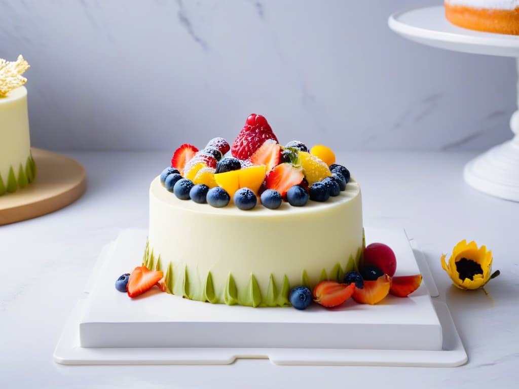  A beautifully arranged display of colorful glutenfree pastries and cakes on a sleek, white marble table. Each dessert is intricately decorated with vibrant fruits and delicate edible flowers, showcasing the artistry and creativity in glutenfree baking. The pastries are set against a soft, blurred background, emphasizing their elegance and inviting the viewer to appreciate the details of each treat. hyperrealistic, full body, detailed clothing, highly detailed, cinematic lighting, stunningly beautiful, intricate, sharp focus, f/1. 8, 85mm, (centered image composition), (professionally color graded), ((bright soft diffused light)), volumetric fog, trending on instagram, trending on tumblr, HDR 4K, 8K