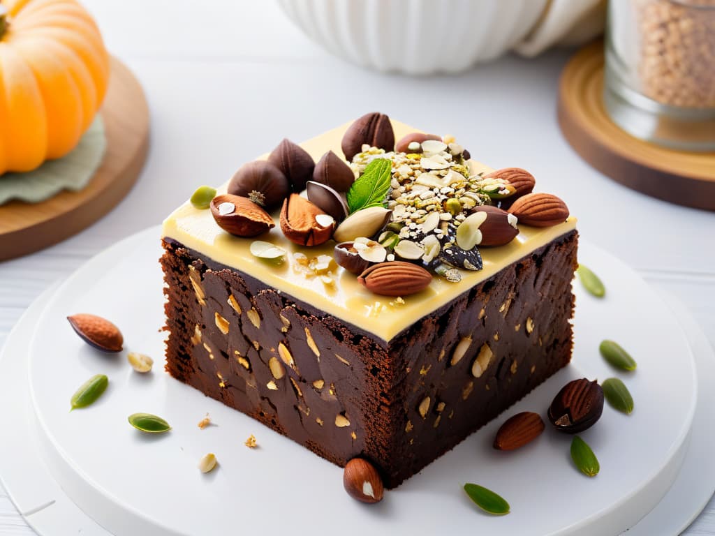  A closeup, photorealistic image of a decadent chocolate brownie topped with a generous sprinkling of various nuts and seeds, showcasing the textures and colors of crunchy almonds, golden flaxseeds, vibrant pumpkin seeds, and rich walnuts against the glossy surface of the dessert. The nuts and seeds are artfully arranged on the brownie, with some gently cascading down the sides, creating a visually appealing and appetizing contrast of textures and flavors. The lighting highlights the intricate details of each ingredient, emphasizing the indulgent and nutritious aspect of incorporating nuts and seeds into desserts. hyperrealistic, full body, detailed clothing, highly detailed, cinematic lighting, stunningly beautiful, intricate, sharp focus, f/1. 8, 85mm, (centered image composition), (professionally color graded), ((bright soft diffused light)), volumetric fog, trending on instagram, trending on tumblr, HDR 4K, 8K