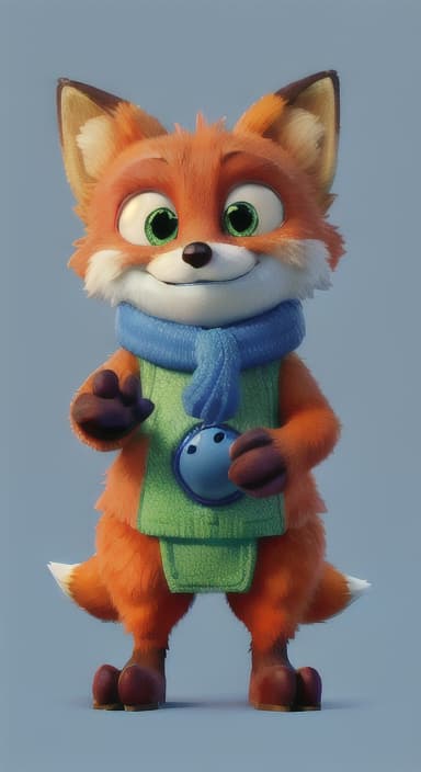  {Error the fox pressing the blue button with his paw, looking puzzled as nothing occurs., Error is a small, bright orange fox with a fluffy tail and big, inquisitive eyes. He has a mischievous yet kind expression and wears a tiny green scarf.