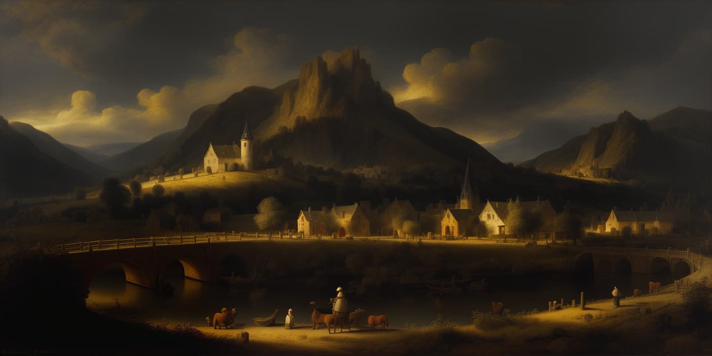  do a landscape in the style of van Rijn Rembrandt, hi res, dark fantasy