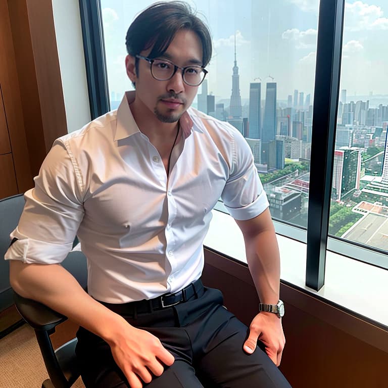  The elegant Asian male boss with glasses is sitting on a chair in the office. He has six pack abs and chest hair, showing his huge penis. The penis is hard and erect. From the office window, you can see the busy traffic downstairs and the Taipei 101 building in the distance.
