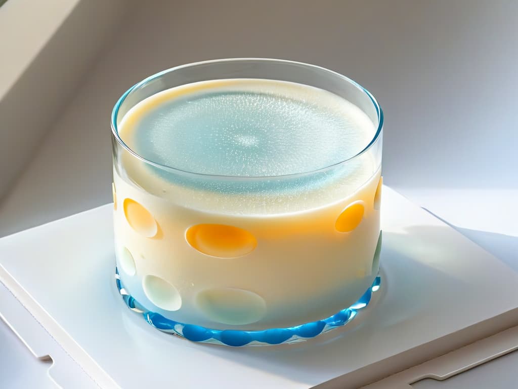  A closeup, ultradetailed image of a perfectly set gelatin dessert in a crystalclear glass, showcasing a mesmerizing array of tiny, uniform bubbles suspended within the smooth, glossy surface. The bubbles catch the light in a way that creates a magical, shimmering effect, emphasizing the precision and skill required to achieve such a flawless incorporation of bubbles into the delicate dessert. The minimalistic composition highlights the elegance and sophistication of the technique, inspiring readers to master the art of adding bubbles to gelatin and mousse creations. hyperrealistic, full body, detailed clothing, highly detailed, cinematic lighting, stunningly beautiful, intricate, sharp focus, f/1. 8, 85mm, (centered image composition), (professionally color graded), ((bright soft diffused light)), volumetric fog, trending on instagram, trending on tumblr, HDR 4K, 8K