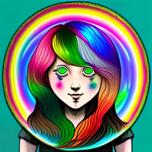 estilovintedois A circle where a girl has hair in rainbow color with different color of leaves and straight posture